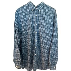 LL Bean Mens Large Tall Blue Green Plaid Traditional Fit Cotton Button Down